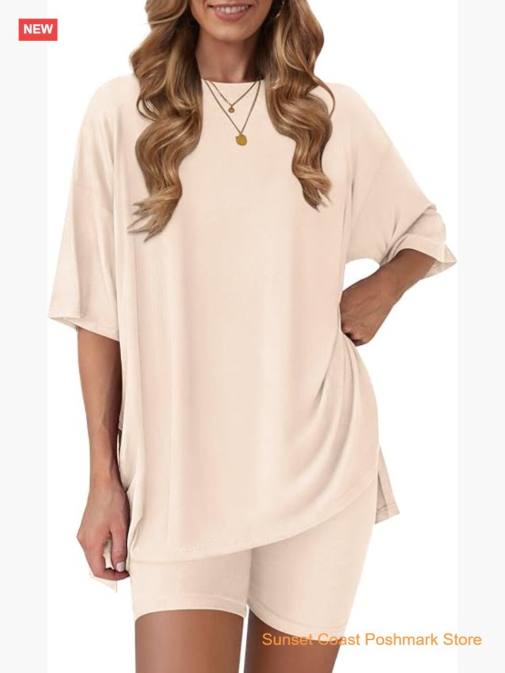 Women's 2 Piece Lounge Set Oversized Shirt with Biker Shorts Matching Outfit